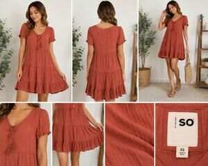 SO Goods Flowy Tunic Gauze Dress Orange Rust Size XS Boho Tiered Ruffle Peasant